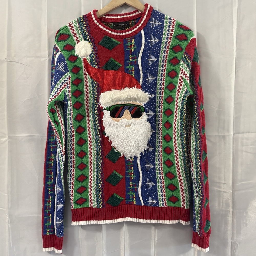 Blizzard Bay Mens S Ugly Christmas Sweater Santa‎ Sunglasses 3D Beard Fair Isle